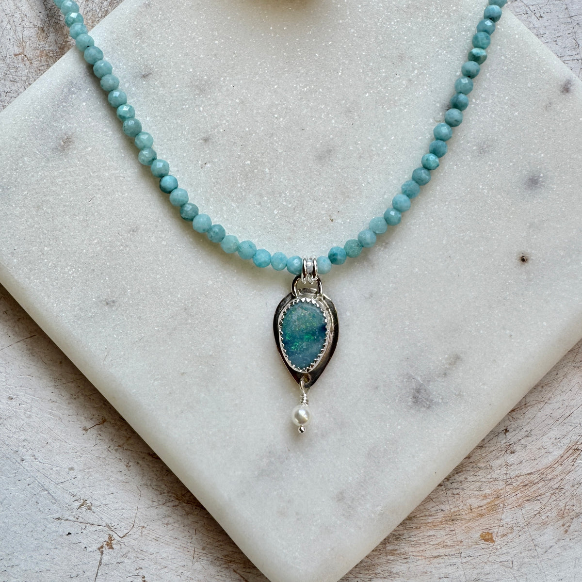 Australian Blue Opal & Larimar Gemstone Beaded Necklace