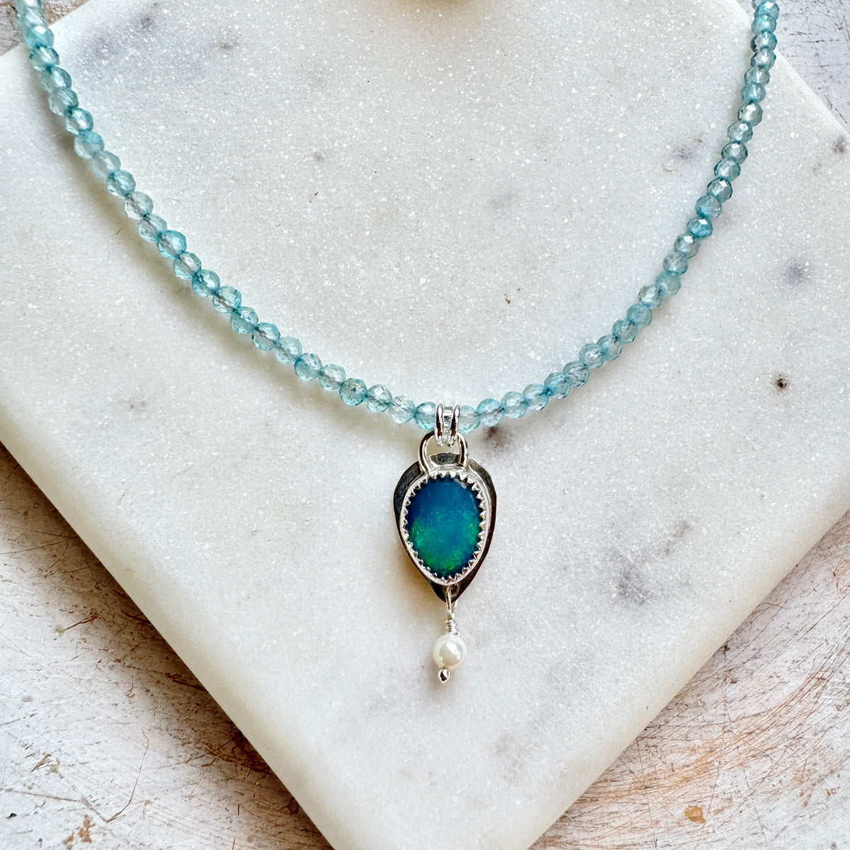 Australian Blue Opal & Swiss Blue Topaz Gemstone Beaded Necklace