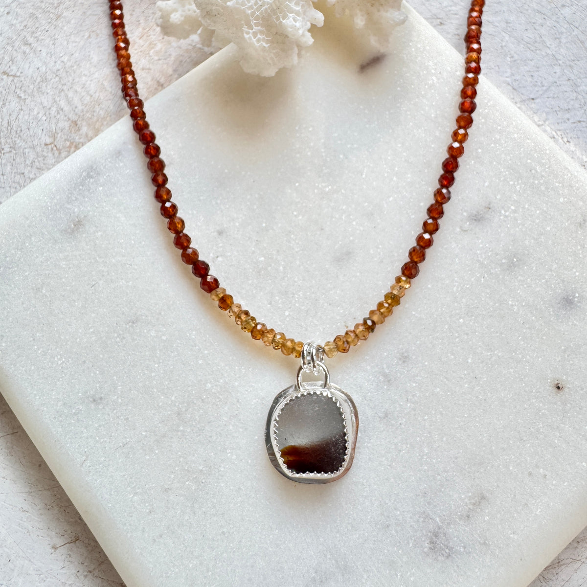 Brown/White Seaham Sea Glass & Orange Garnet Beaded Necklace