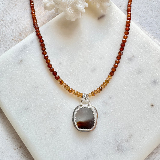 Brown/White Seaham Sea Glass & Orange Garnet Beaded Necklace