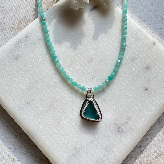 Aqua Sea Glass & Amazonite Gemstone Beaded Necklace
