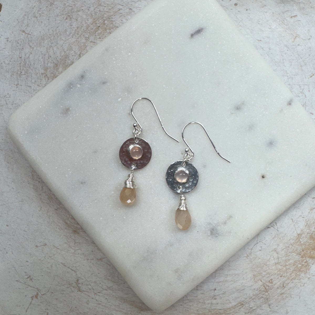 Pale Pink Chalcedony Silver Hammered Disk Earrings