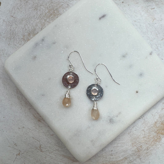 Pale Pink Chalcedony Silver Hammered Disk Earrings