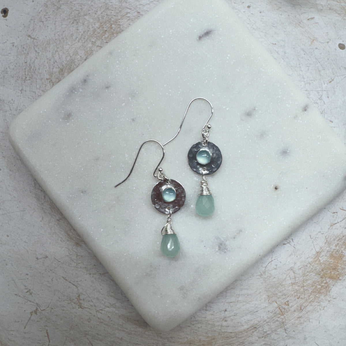 Pale Blue Chalcedony Silver Hammered Disk Earrings