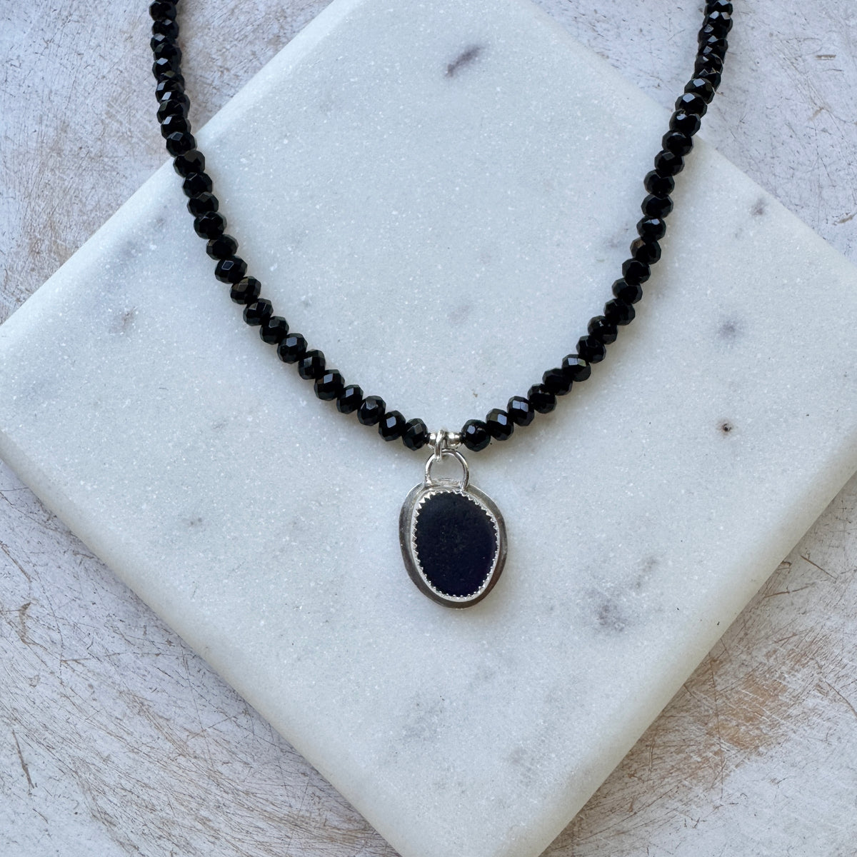 Black Seaham Sea Glass & Onyx Gemstone Beaded Necklace
