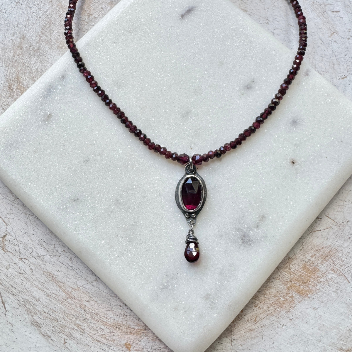 Garnet Pendant and Gemstone Beaded Necklace