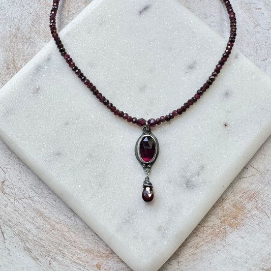 Garnet Pendant and Gemstone Beaded Necklace