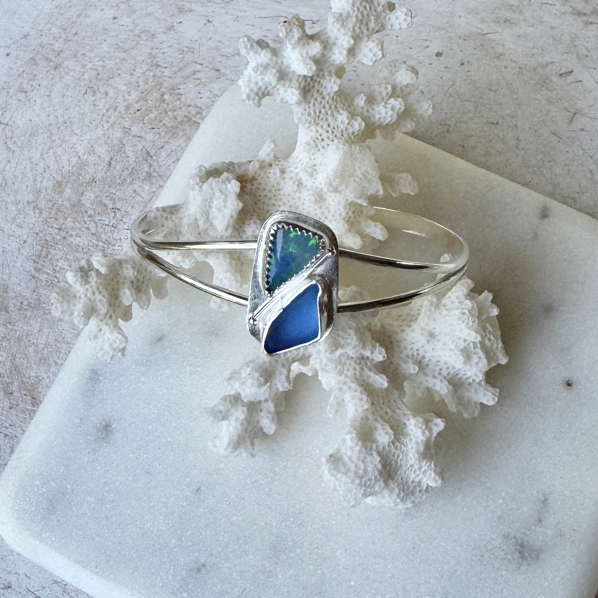 Cornflower Sea Glass & Blue Opal Cuff Bracelet