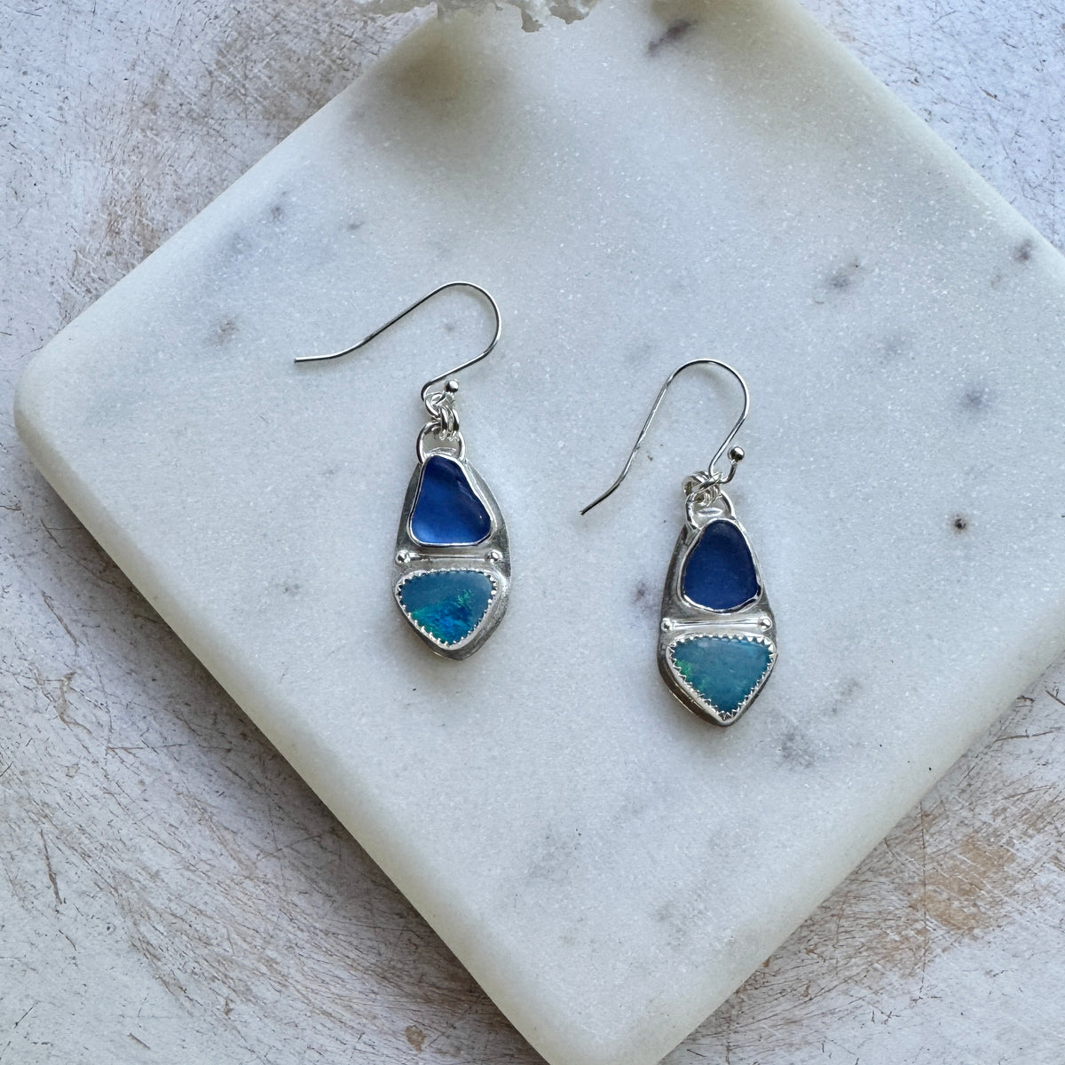 Cornflower Sea Glass & Blue Opal Earrings