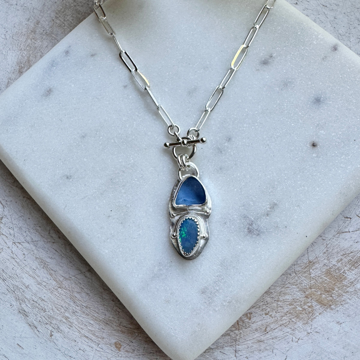 Cornflower Sea Glass & Blue Opal Toggle Front Paperclip Chain Necklace