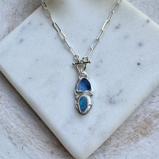 Cornflower Sea Glass & Blue Opal Toggle Front Paperclip Chain Necklace