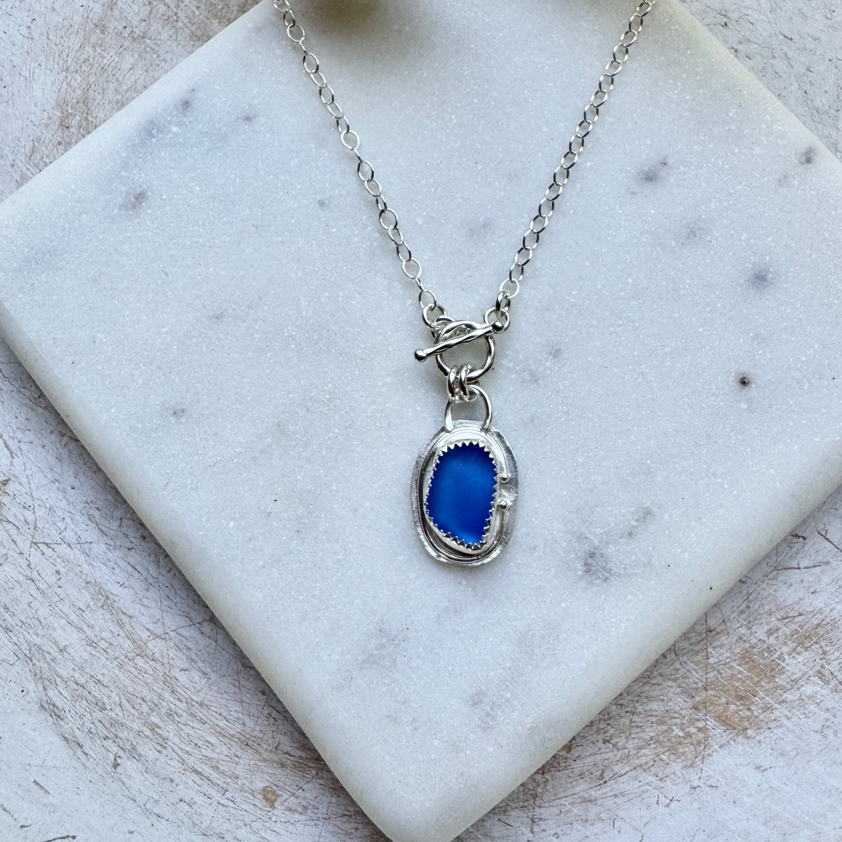 Cornflower Blue Sea Glass Silver Toggle Front Necklace