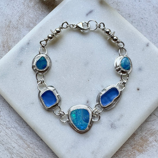 Cornflower Sea Glass & Blue Opal Bezel Bracelet