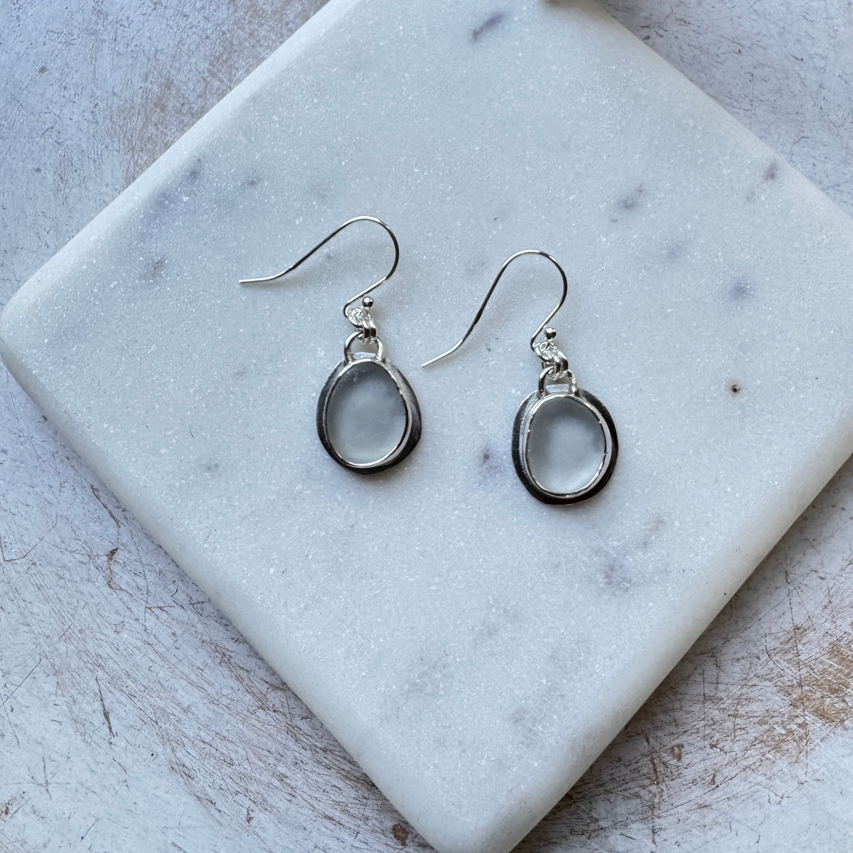 White Sea Glass Bezel Set Earrings