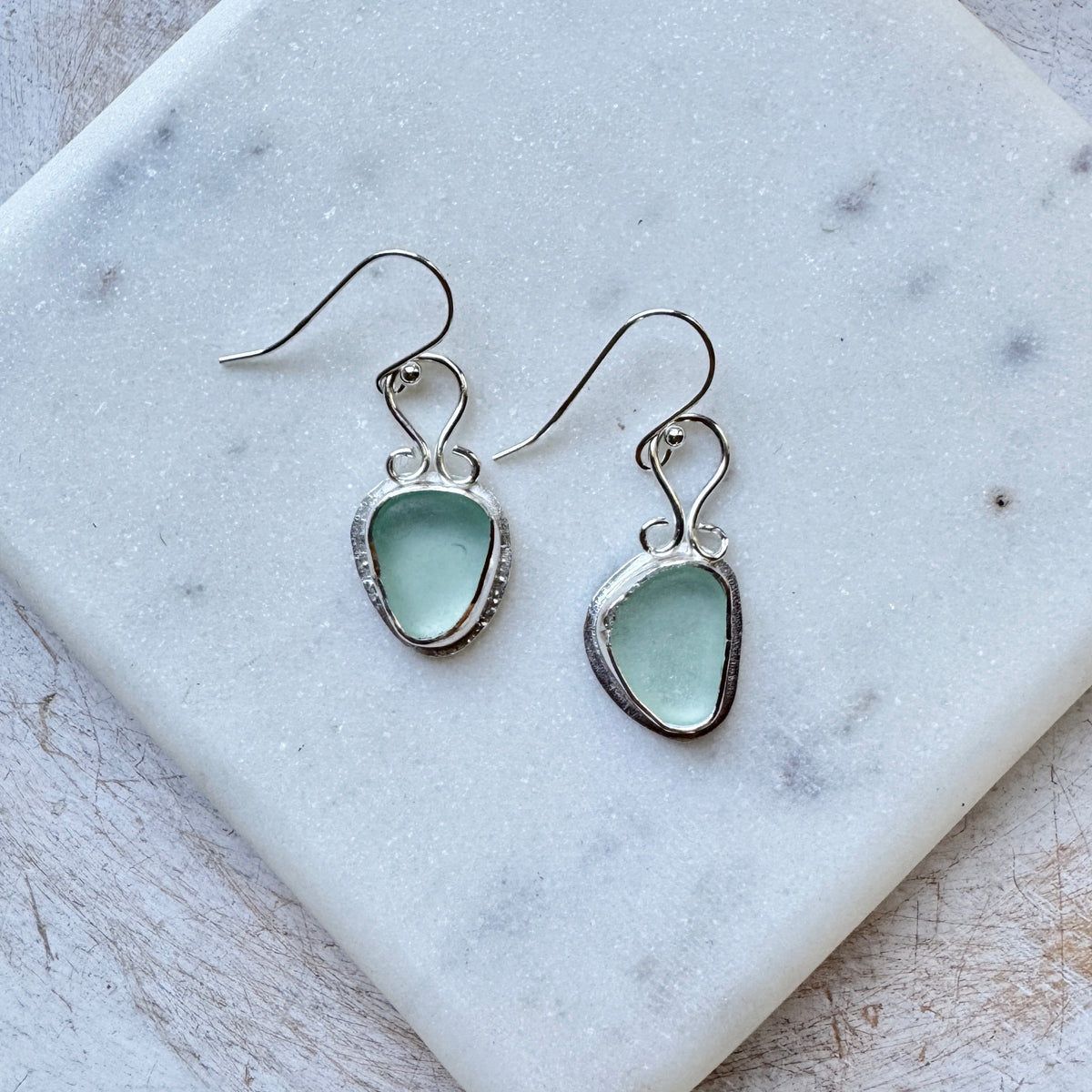 Seafoam Sea Glass Silver Earrings with Loop Hook
