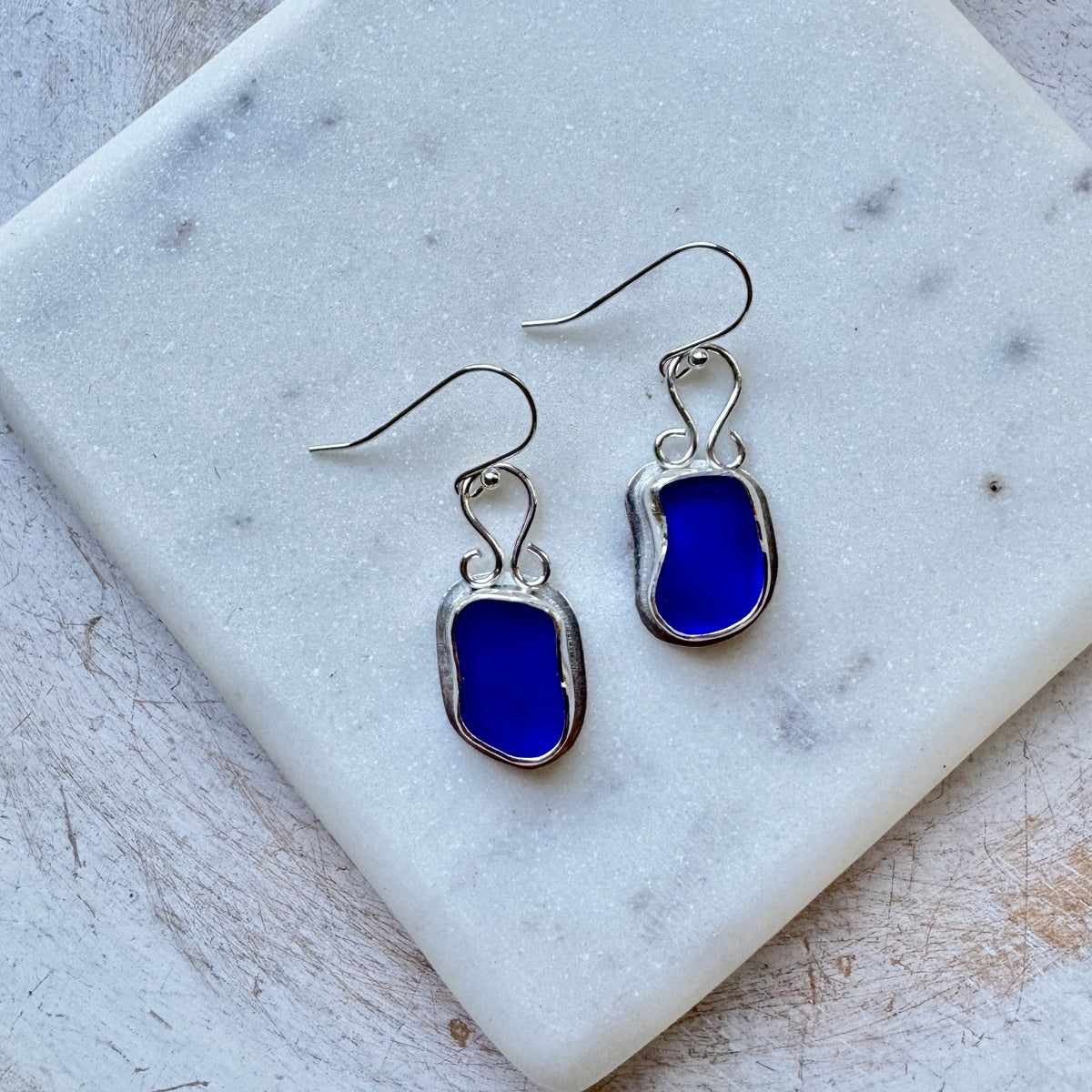 Cobalt Blue Sea Glass Silver Earrings with Loop Hook