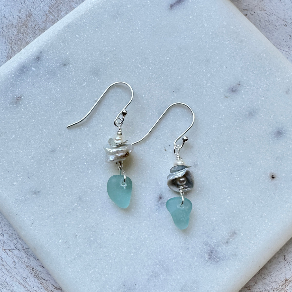 Aqua Sea Glass with Keshi Pearl Earrings