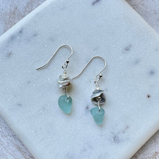 Aqua Sea Glass with Keshi Pearl Earrings