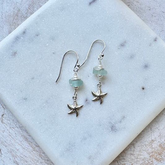 Aqua Sea Glass with Pearl & Starfish Earrings