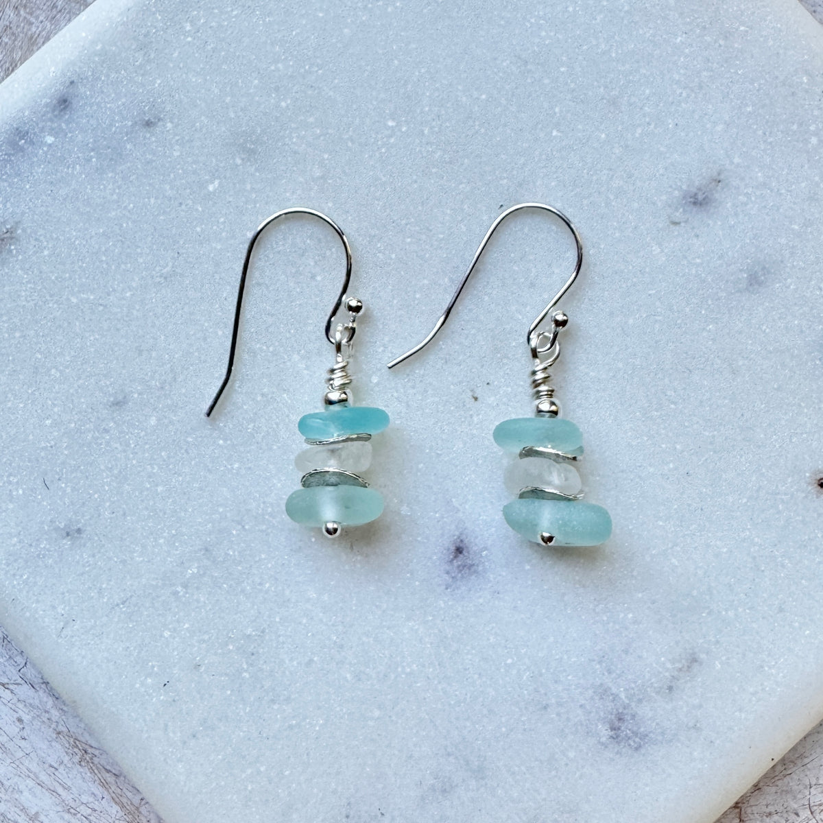 Aqua & White Sea Glass Stacker Earrings