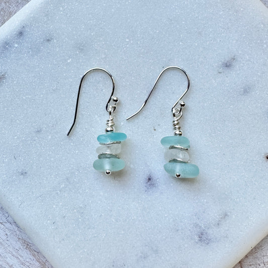 Aqua & White Sea Glass Stacker Earrings
