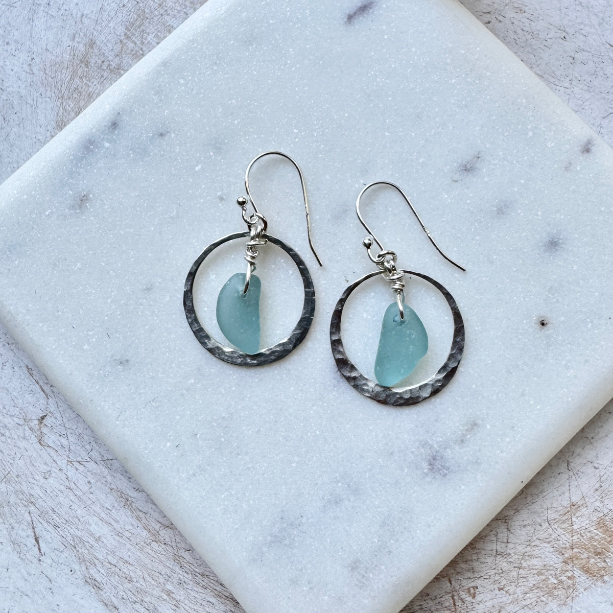 Aqua Sea Glass in a Textured Circle Earrings