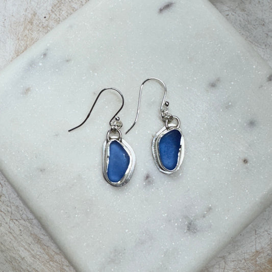 Dark Cornflower Sea Glass Bezel Set Silver Earrings