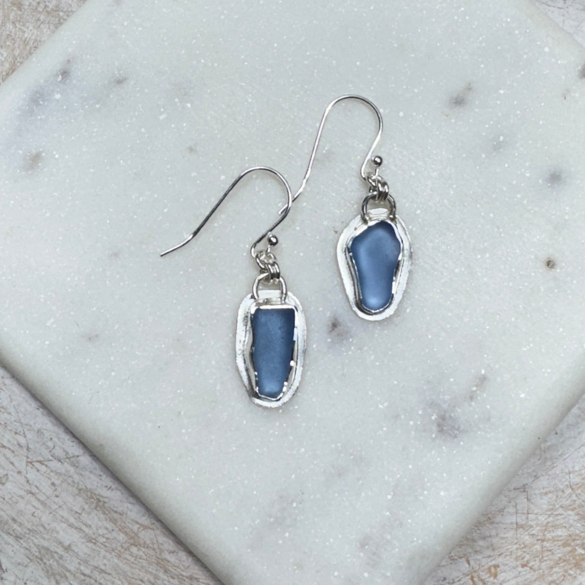 Light Cornflower Sea Glass Bezel Set Silver Earrings