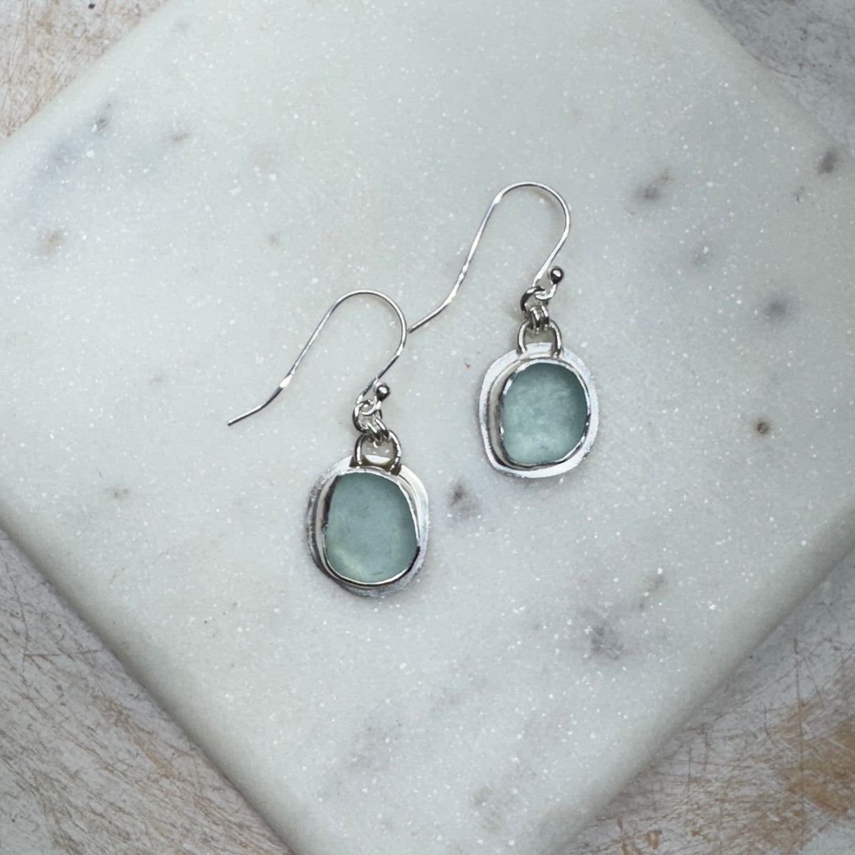 Pale Blue Sea Glass Bezel Set Earrings