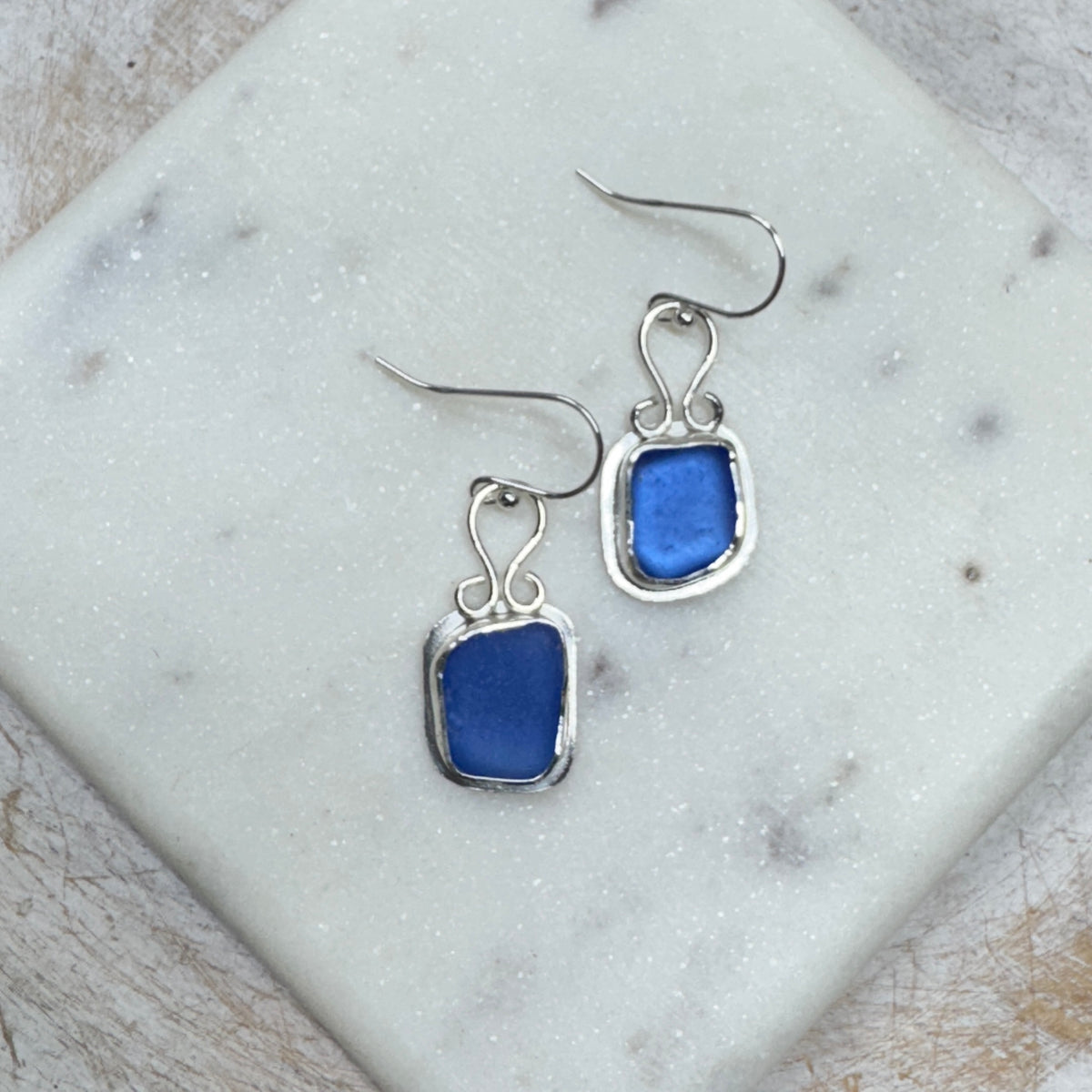 Cobalt Blue Sea Glass Silver Earrings with Loop Hook