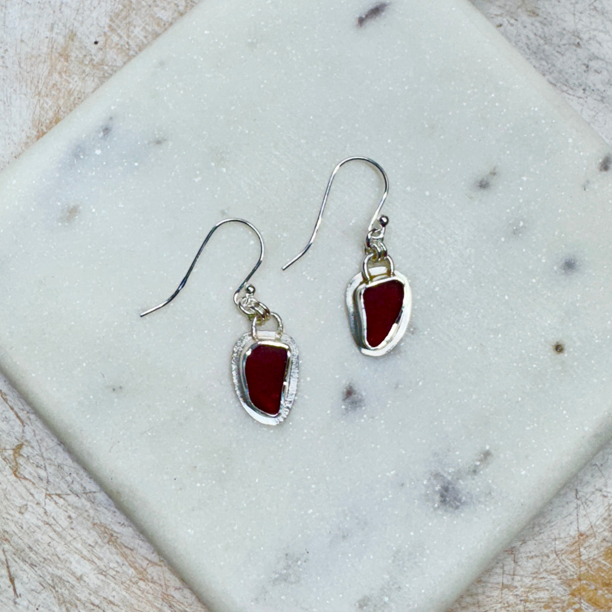 Red Sea Glass Bezel Set Earrings