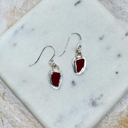 Red Sea Glass Bezel Set Earrings