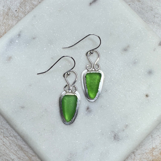 Kelly Green Sea Glass Bezel Set Earrings with Loop Hook