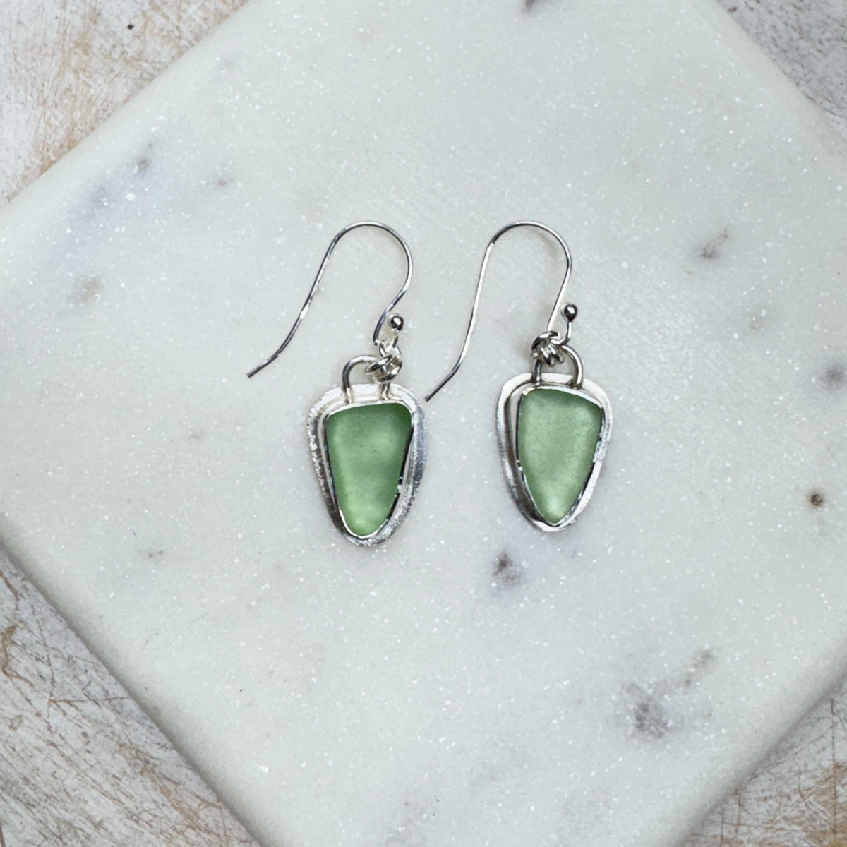 Pale Green Glass Bezel Set Silver Earrings