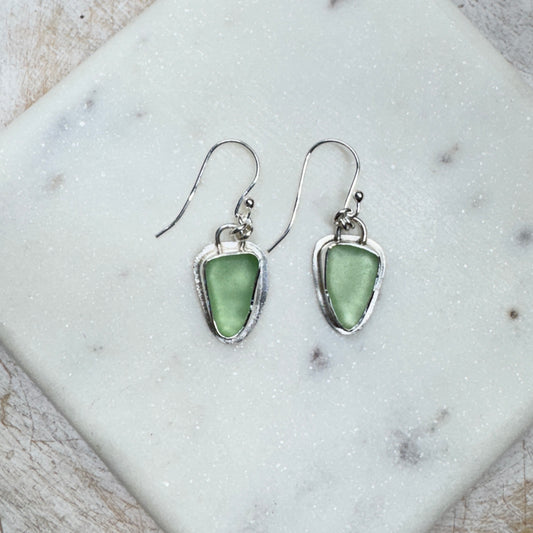 Pale Green Glass Bezel Set Silver Earrings