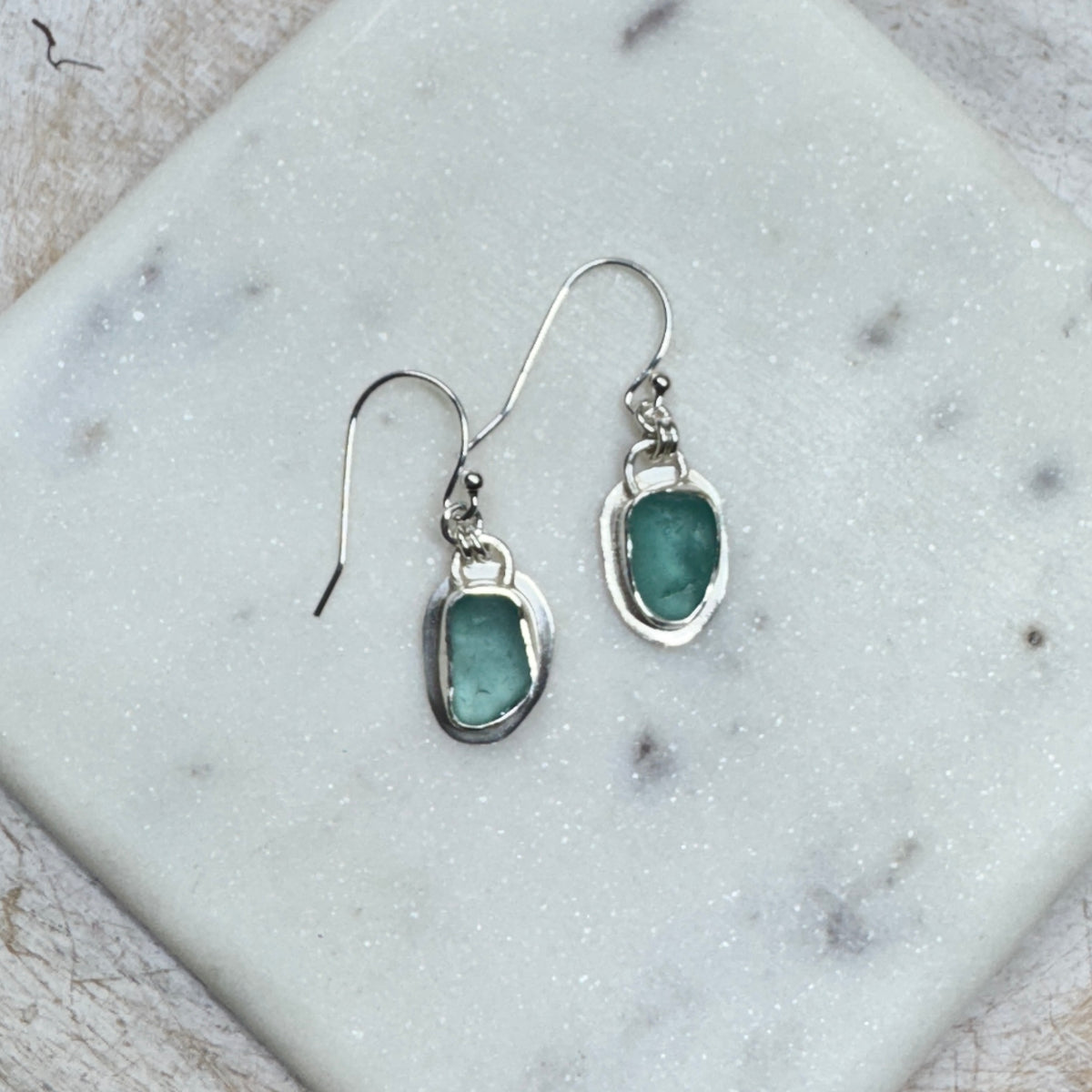 Aqua Sea Glass Bezel Set Earrings