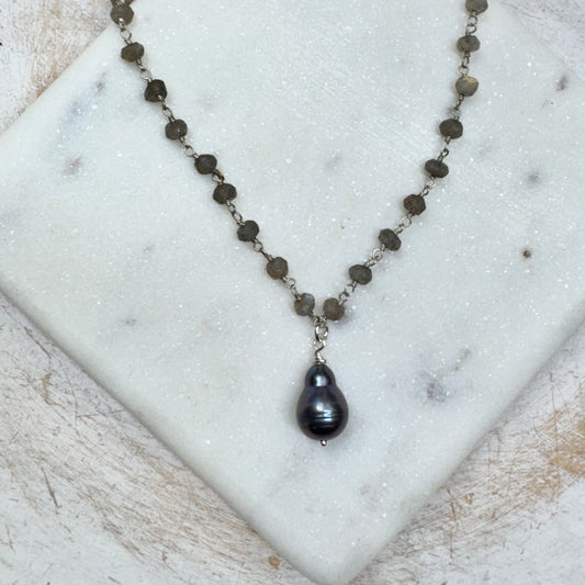 Peacock Pearl with Labradorite Rosary Chain Necklace