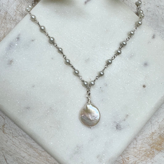 White Coin Pearl Rosary Chain Necklace