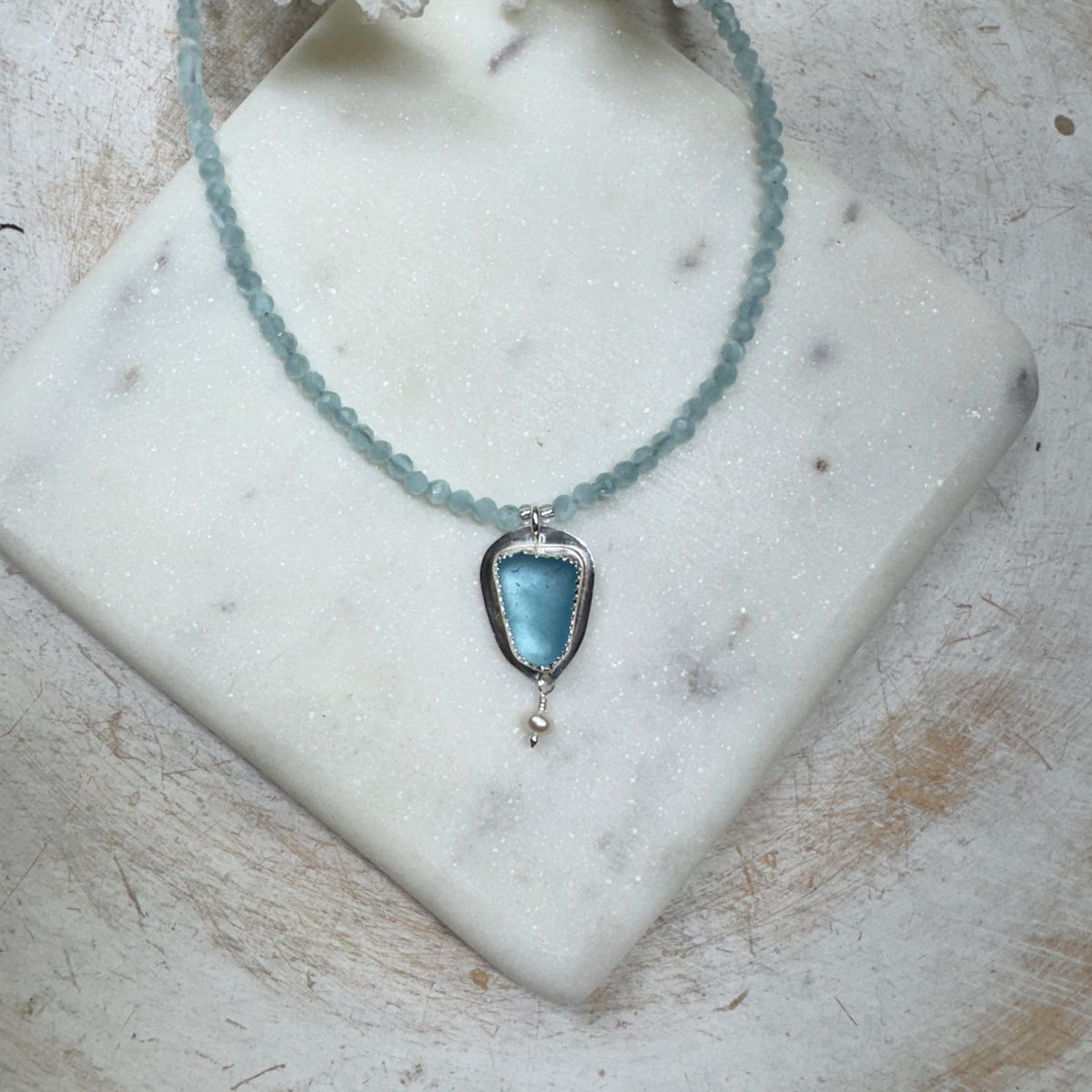 Aqua Sea Glass with Pale Blue Cats Eye Beaded Chain