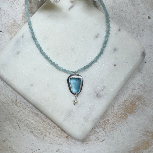 Aqua Sea Glass with Pale Blue Cats Eye Beaded Chain