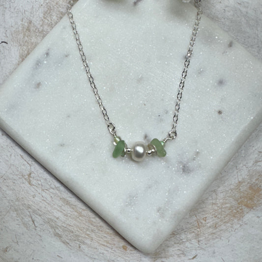 Pale Green Sea Glass & Pearl Necklace