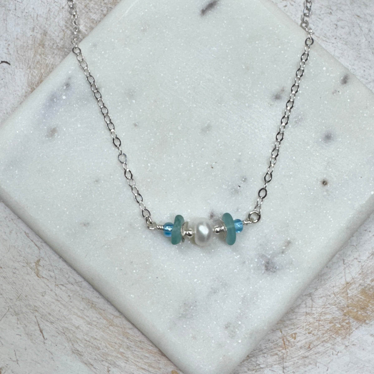 Aqua Sea Glass & Pearl Necklace