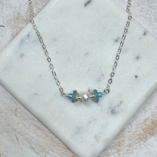 Aqua Sea Glass & Pearl Necklace