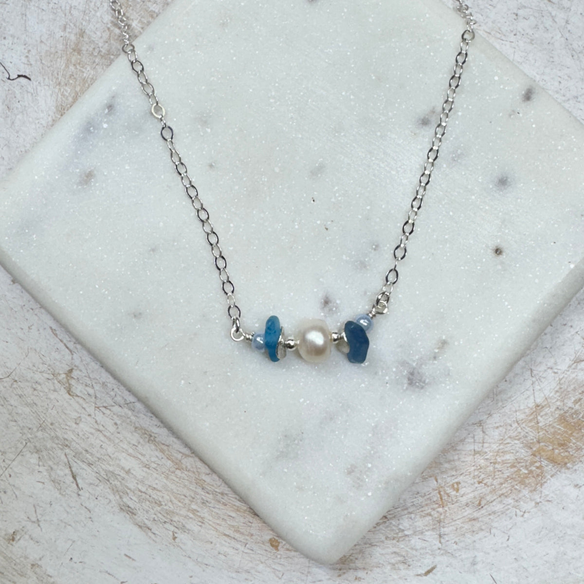 Teal Sea Glass & Pearl Necklace