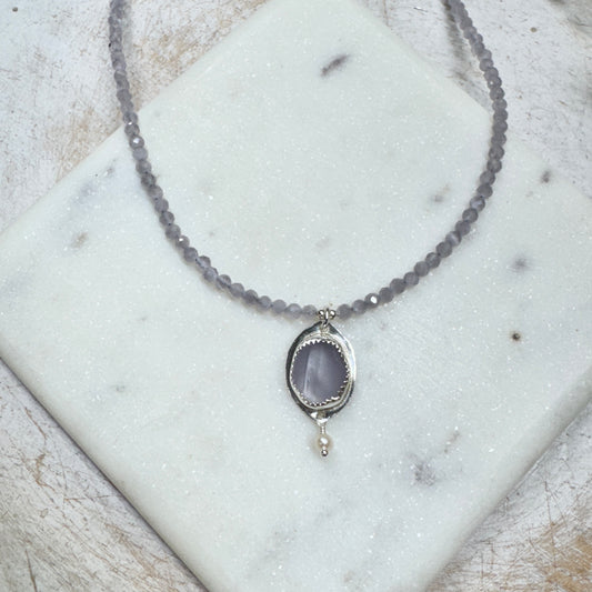 Lavender Sea Glass with Lavender Cats Eye Beaded Chain