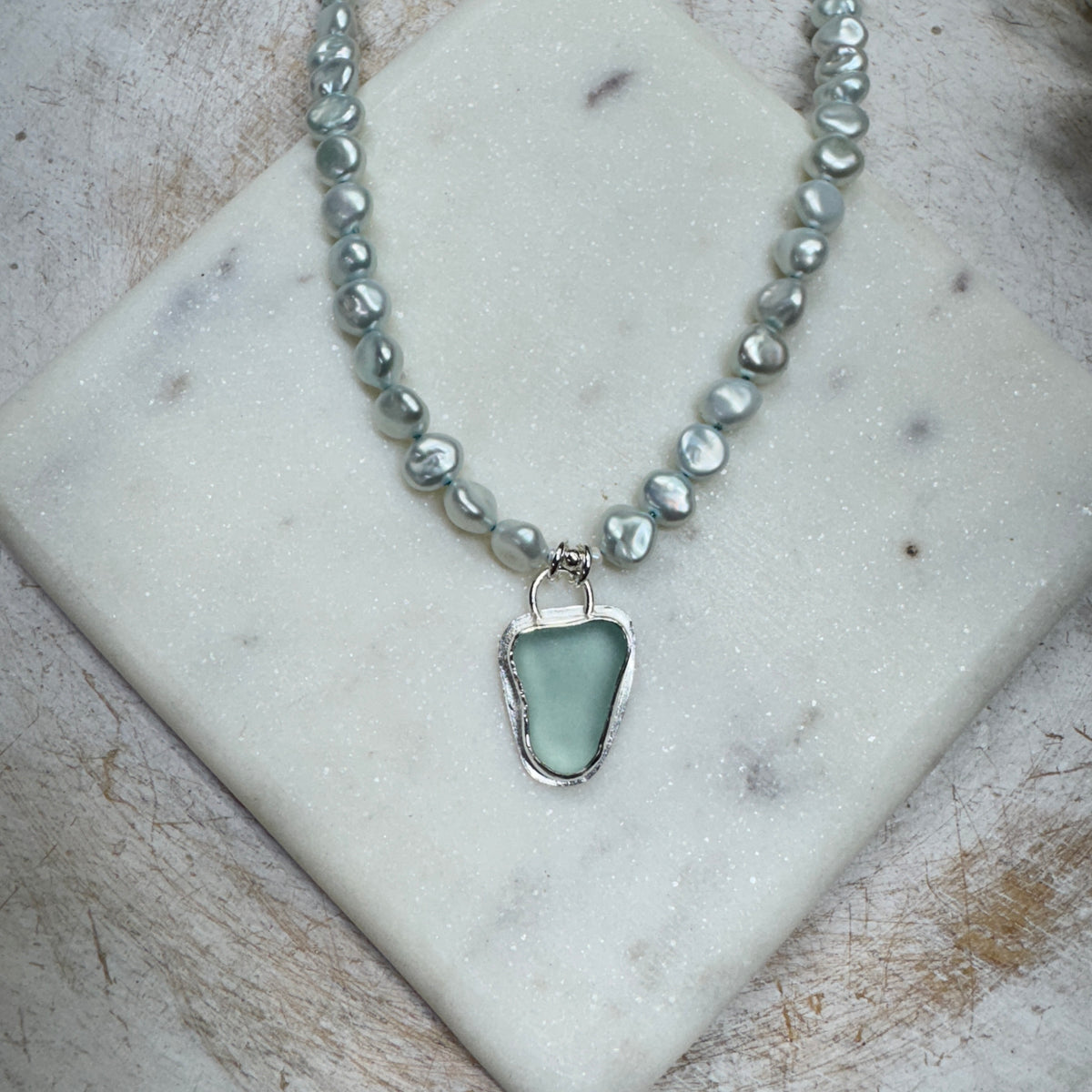 Aqua Sea Glass & Pearl Necklace