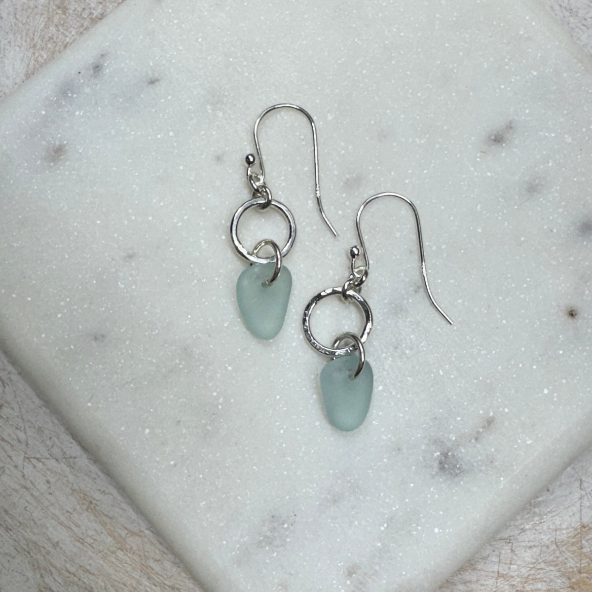 Aqua Sea Glass Hammered Silver Circle Earrings