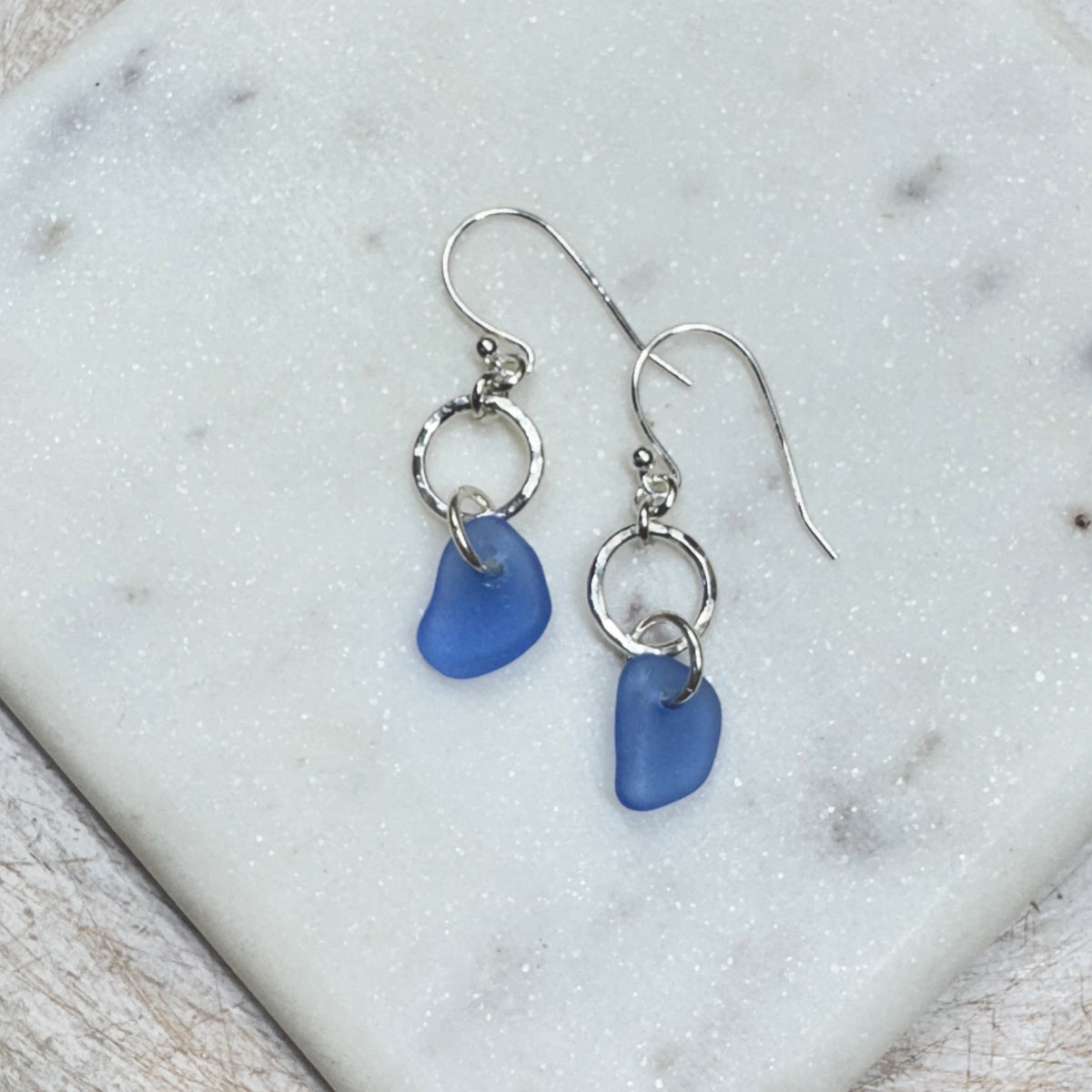 Cornflower Sea Glass Hammered Silver Circle Earrings