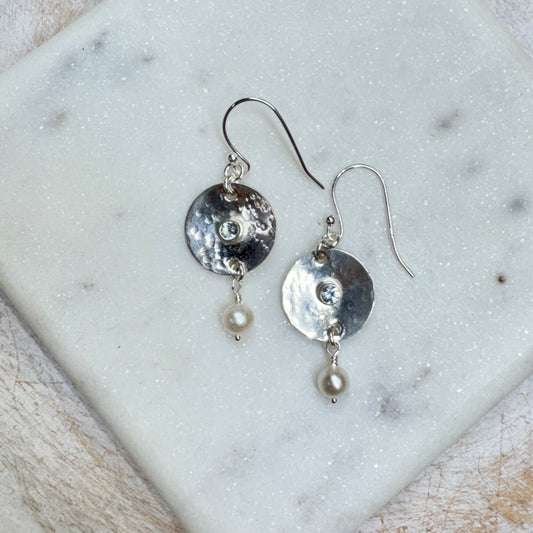 Aquamarine & White Pearl Teardrop Earrings