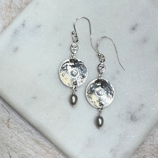 Aquamarine & Grey Pearl Teardrop Earrings